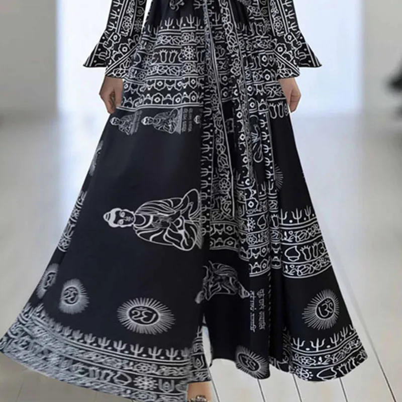 ชาติพันธุ์ Retro รูปแบบพิมพ์หลวมชุดยาวผู้หญิงฤดูใบไม้ผลิ V คอเอวสูง Tie-up ชุดฤดูใบไม้ร่วงแขนยาว Boho Maxi ชุด