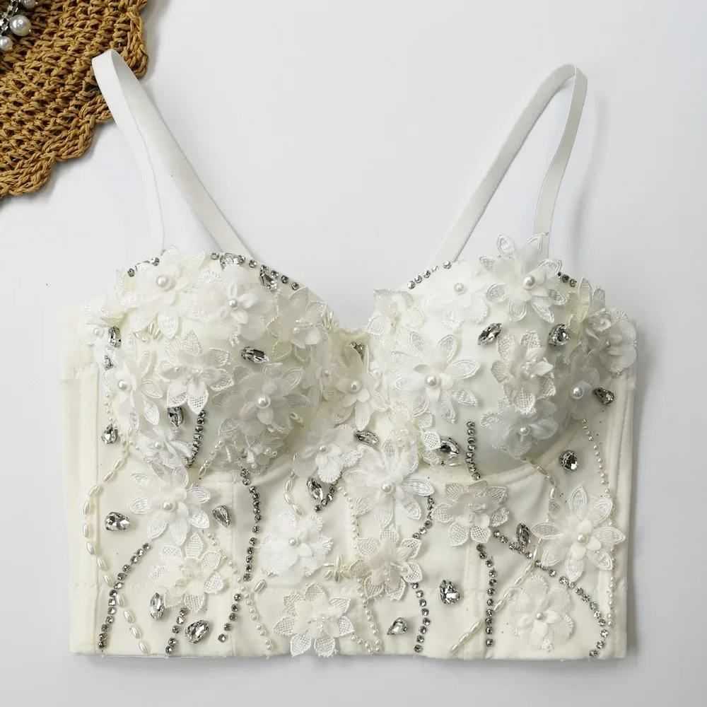 Summer 2024 Cute Push Up Bras for Women Handwork Stitched Flowers and Rhinestone Sexy Fish Bone Underwear Crop Tops Bralette