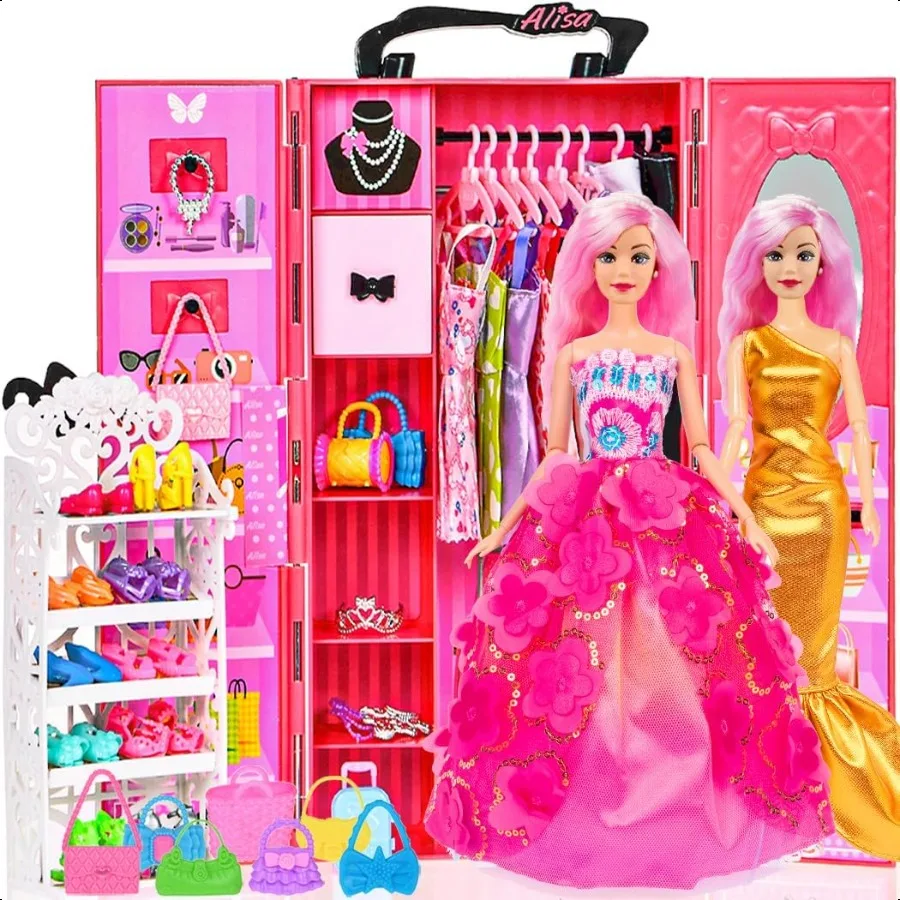 

ebuddy, 105-комплект для куклы и шкафа, набор шкафов, включая одну куклу, гардероб, полка для обуви, вешалки для обуви Dr, ожерелье