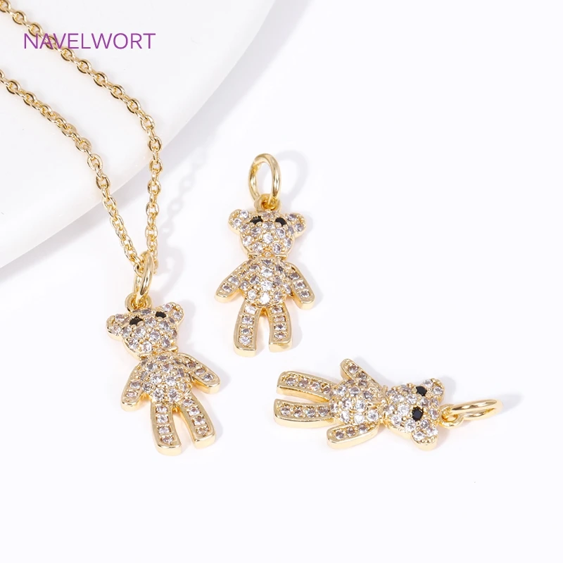 Fashion 18K Gold Plated Brass Pave Zircon Bear Charms Pendants For Earring Making Findings DIY Necklace Jewelry Accessories