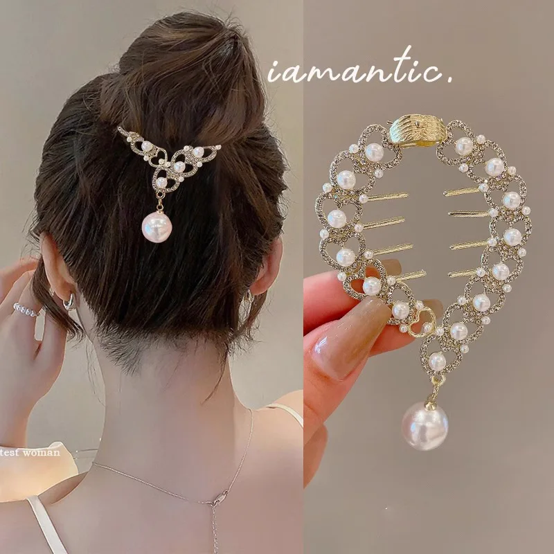 

Women Elegant Luxury Rhinestone Tassel Ponytail Hair Claws Lady Sweet Meatball Hair Clips Headband Fashion