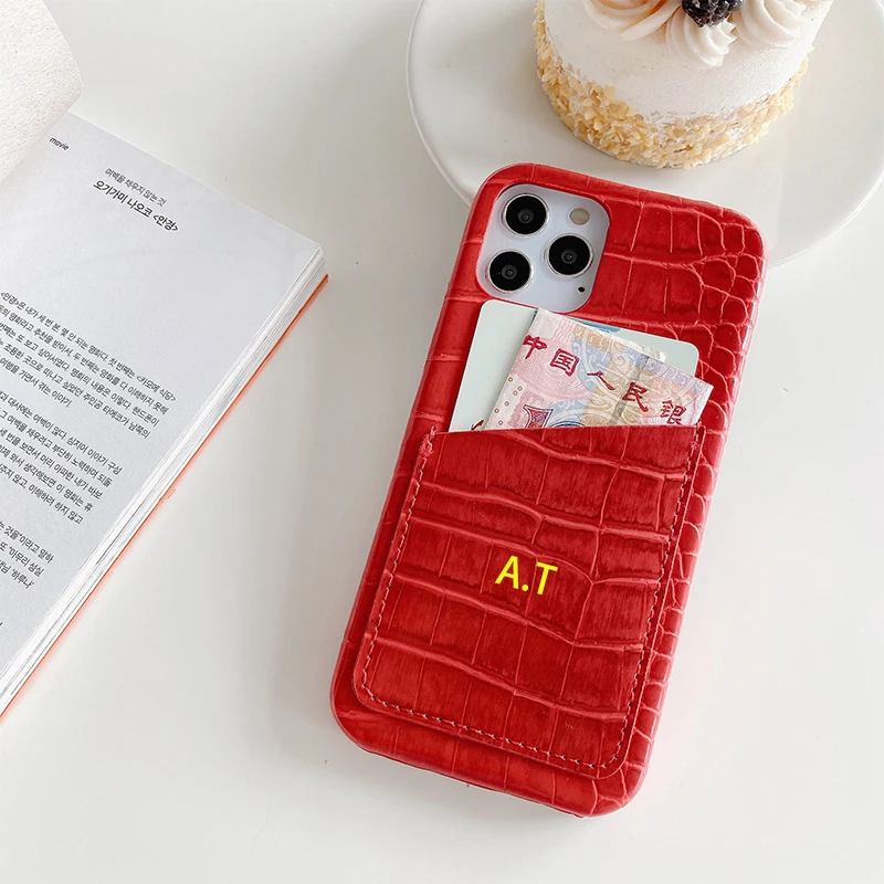 Customized Leather Phone Case with Card Holder Initials Name Letter Crocodile Pattern iPhone17 16 11 12 13 14 15Pro Max 16Plus