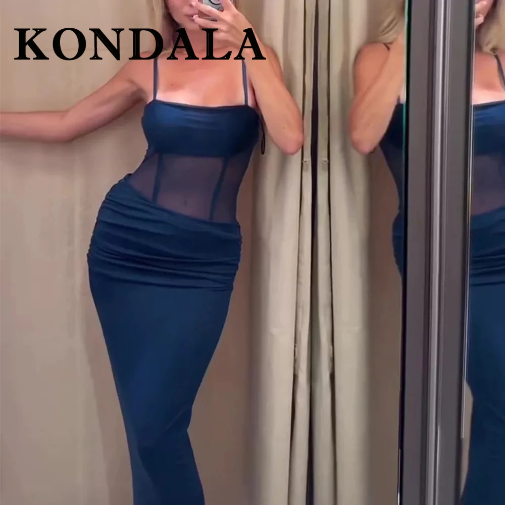 KONDALA Chic verano Sexy elegante vaina plisado vestido de mujer Patchwork Cami vestido largo moda 2025 Vestidos de fiesta nocturna de cumpleaños