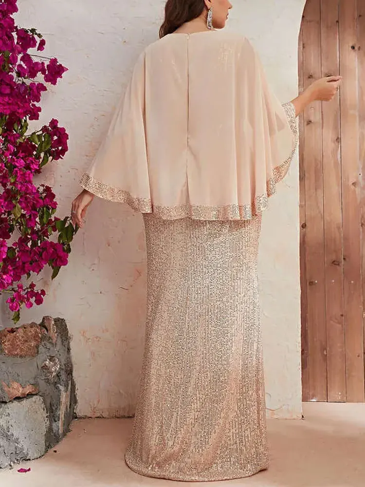 Plus Size Mother Of The Bride Dress Scoop Neck Cape Chiffon Dress Sequined Evening Gowns Special Occasion Wedding Guest Dresses