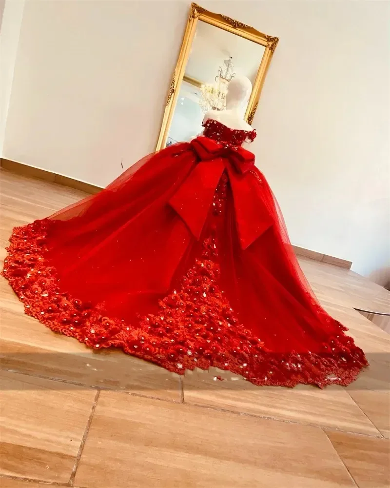 

Red Luxury Flower Girl Dress Lace Appliques Tulle A-Line Off Shoulder Ball Gowns For Wedding Girls First Communion Birthday Gown