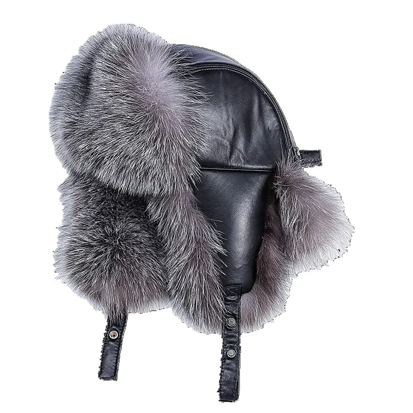 Winter Men' 100% Real Silver Fox fur Bomber Hat Genuine Raccoon Fur Ushanka Cap Trapper Russian Women Ski Hats Caps with Genuine