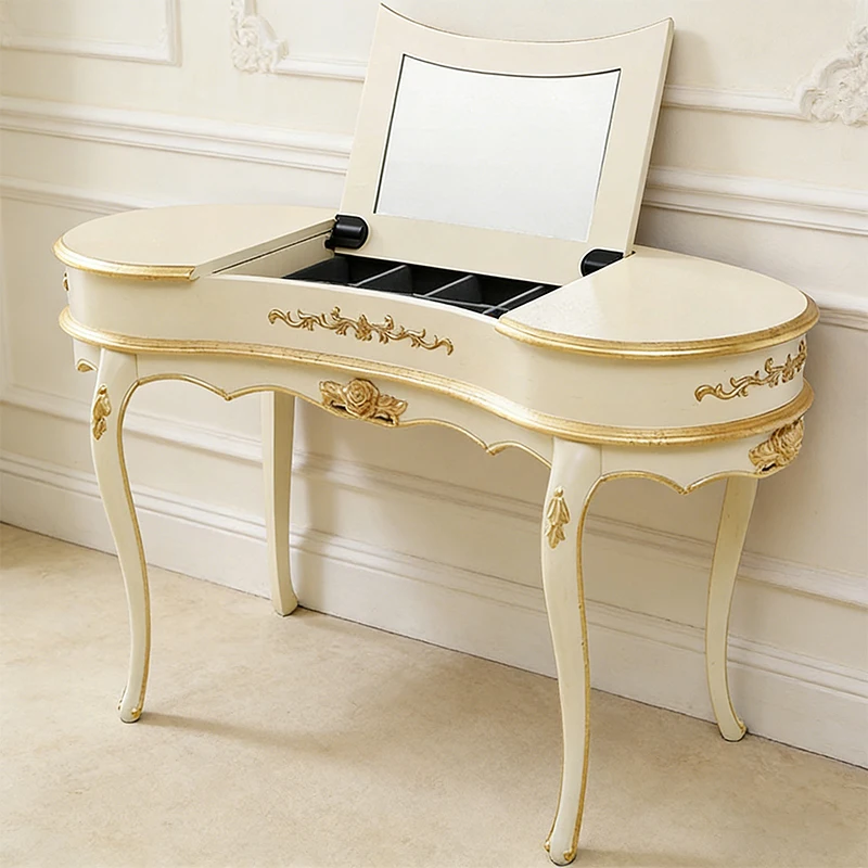 ！@Custom Made French Solid Wood Luxury Vanity Dressing Table Folding Flip-Top Mirror Gold Foil Storage for Hotel Apartment Bedro