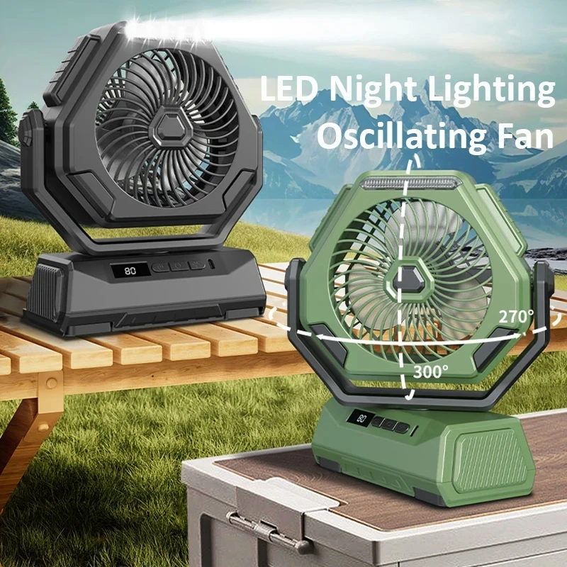 New 2024 Outdoor Camping Fan Rechargeable Ceiling Fan Head Shaking Fan Portable with 3 Gears Night Lighting LED Display Screen