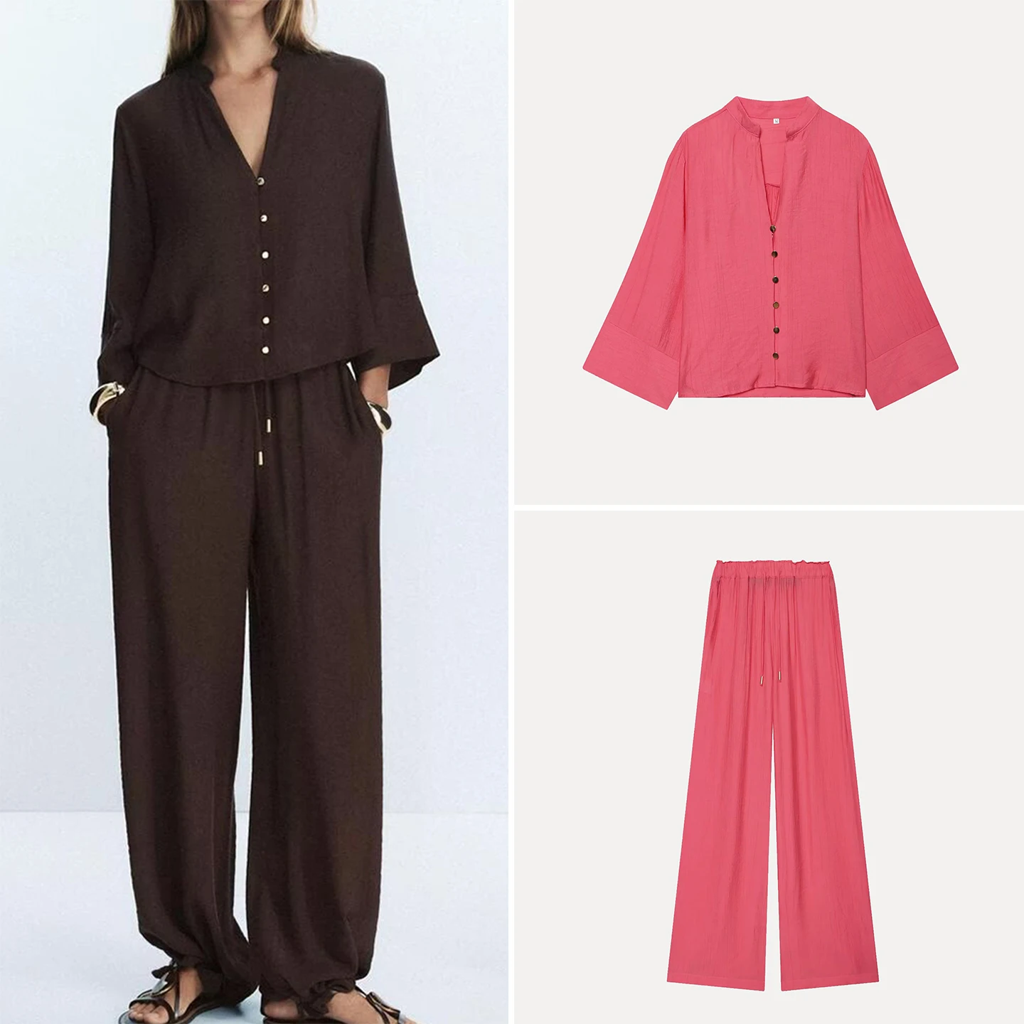 Women's Loose Casual V-Neck Long Sleeve Shirt Elastic Wide Leg Pants Summer Fashion Set High Waist Long Pants Pure Color