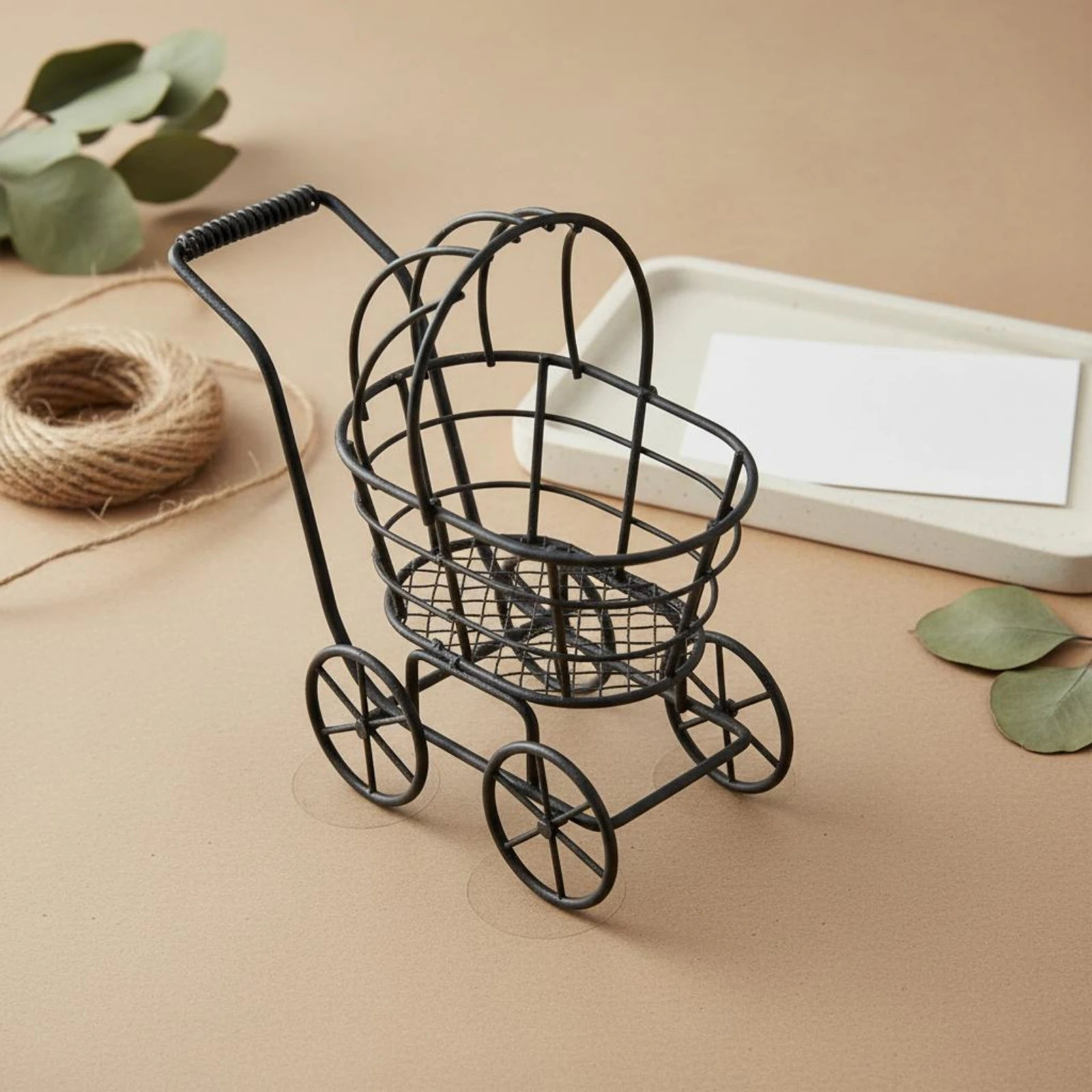 Wire Stroller Vehicle Uncovered Basket Dollhouse Stroller Display Piece Curved Hood Mini Decor Miniature for Garden