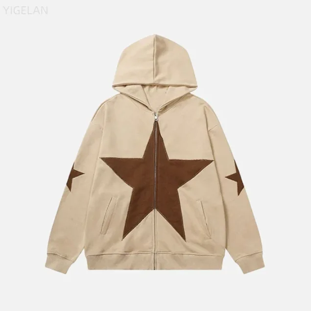 

Street Large Size Loose Wear Pentagon Star Patch Embroidery Printed Hoodie Personalized Zipper Sweater Men's and Women's Jacket