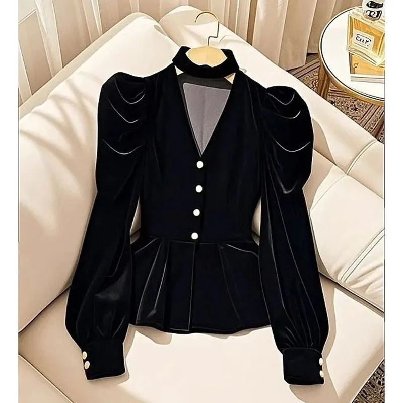 

Black Velvet Waist Cinched Shirt Women Shirts Blouse 2025 New High-End Hanging Neck Collar Unique Beautiful Temperament Top