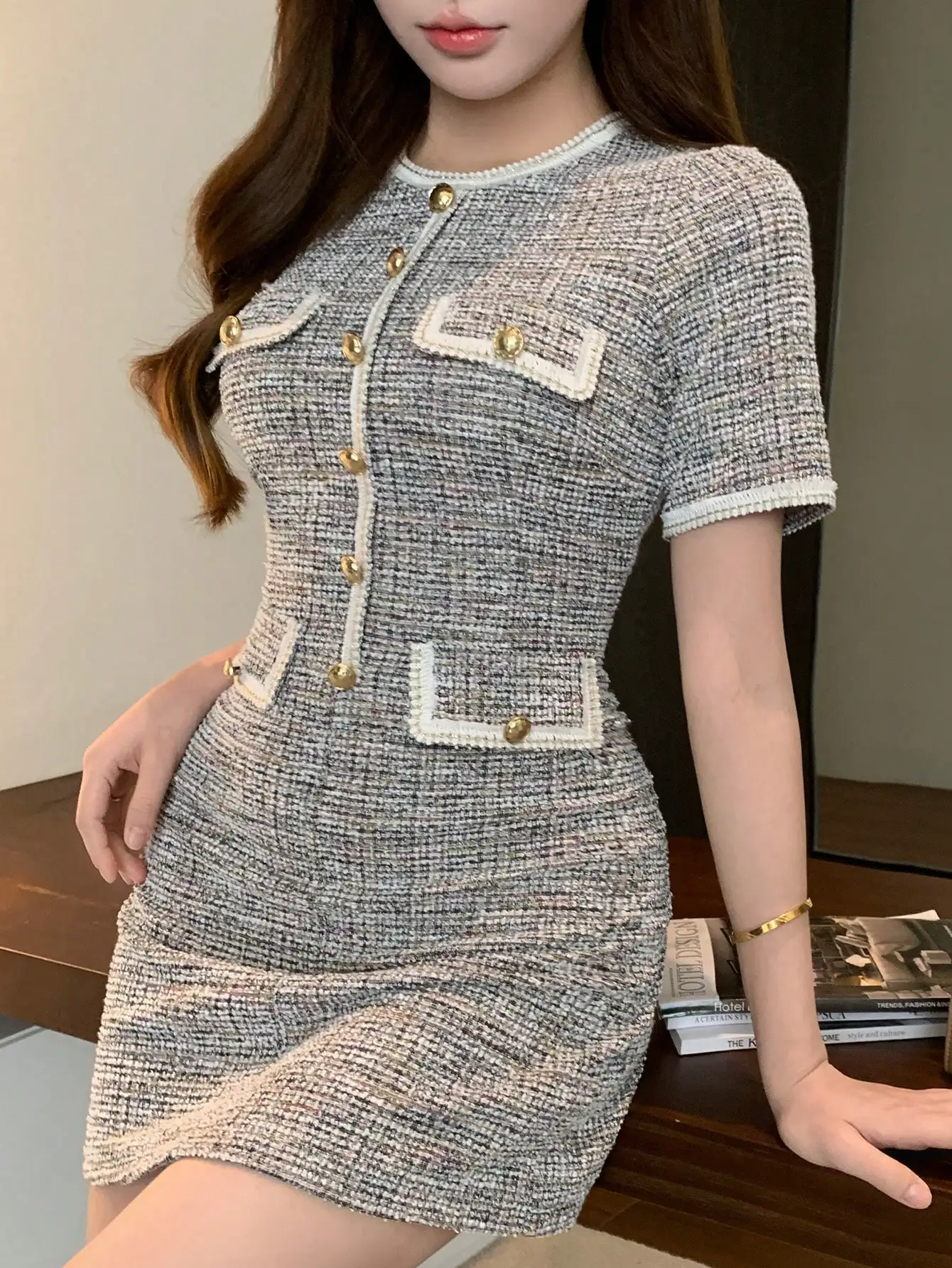 JHJN الزهور الخام تي شيرت فستان جيب زر اللون حجب الزراعة الذاتية نمط اجتماعي جاهزة تنورة قصيرة #2