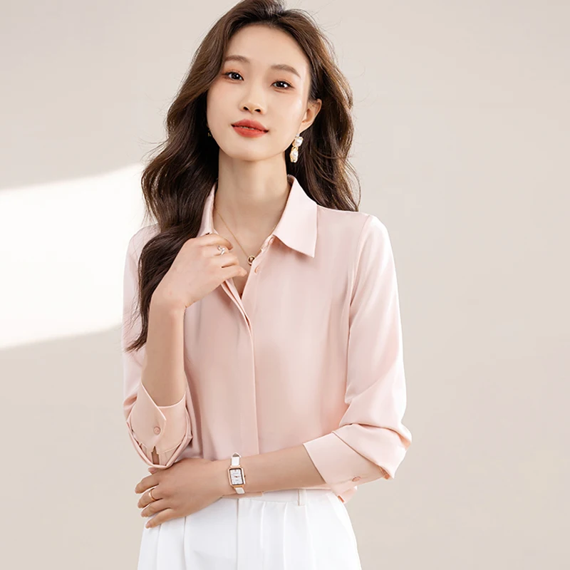 Chemises en Satin simples pour femmes, couleur unie, manches longues, chemisier formel de bureau, hauts décontractés, vêtements à la mode pour femmes, nouvelle collection 2025