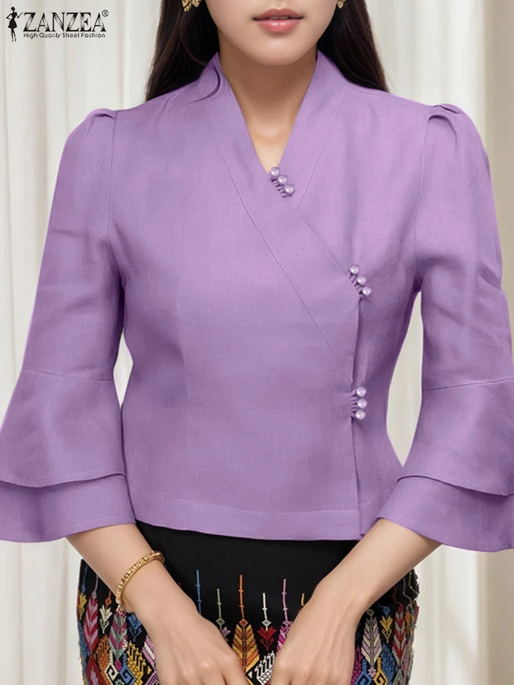 

ZANZEA Women Fashion Shirts 2025 Summer Flare Sleeve Tunic Tops Casual Solid Color Bluas Femininas Buttons Elegant Office Blouse