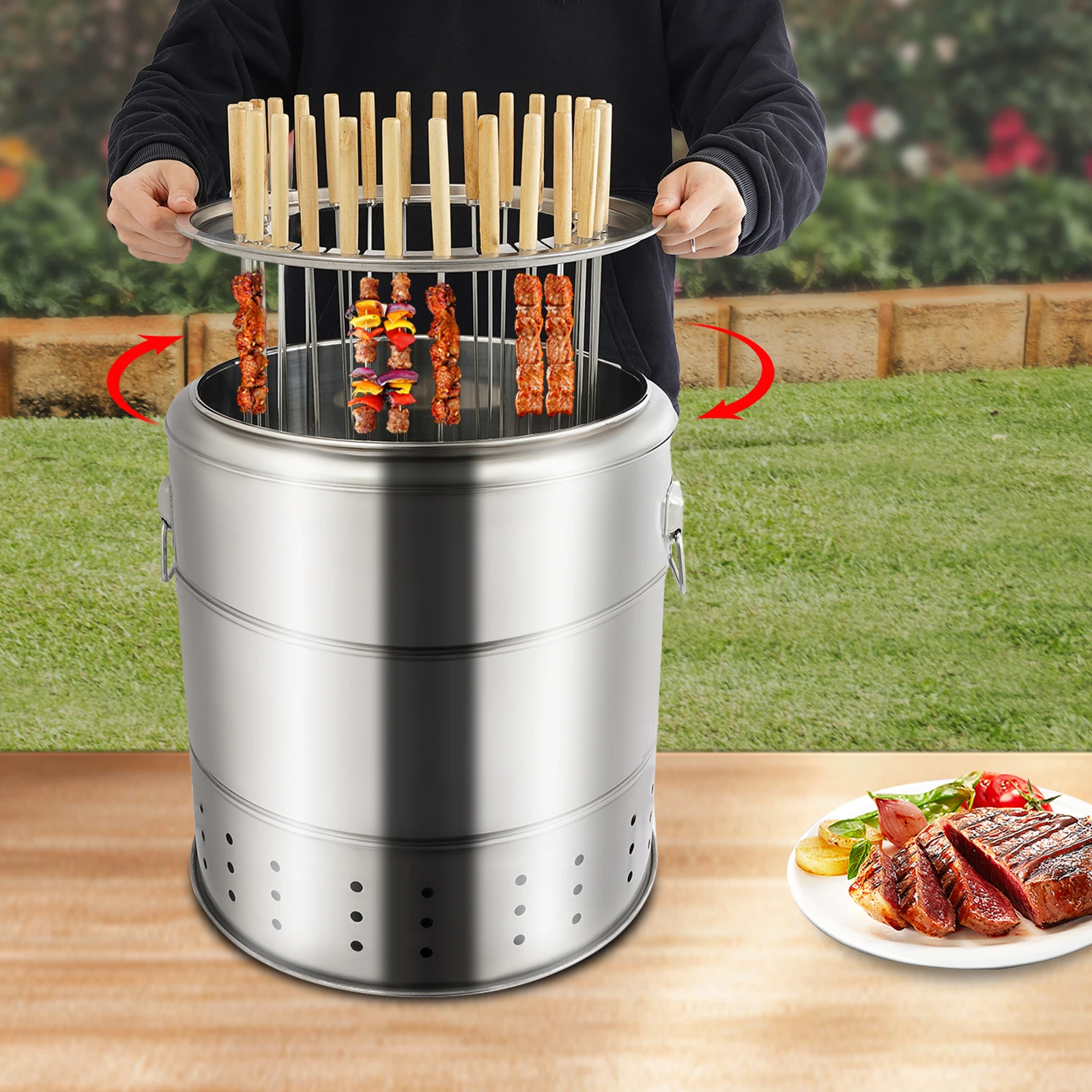 

Modern Cylinder Portable Charcoal Barrel Grill 201 Stainless Steel BBQ Grill for 6-10 People 28 Skewers Polishing Grinding