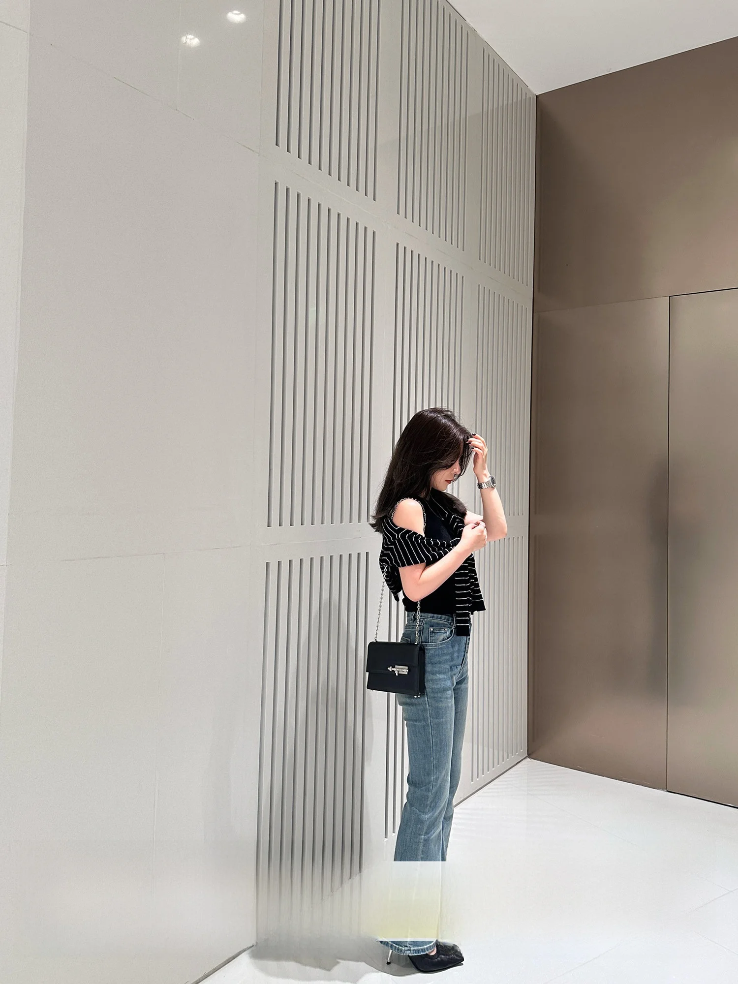 

Джинсы с высокой талией, облегающие, слегка расклешенные, Rouqiu, маленький размер, модные, эластичные, длинные брюки, женские, осенние, джинсовые, элегантные