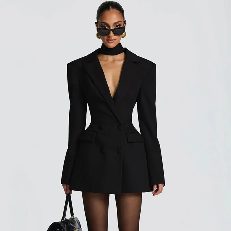 Ticketsx Fashion Deep V-Neck Slim Dress Solid Patchwork Single Breast High Waist Mini Dress Elegant Office Lady Streetwear Dress