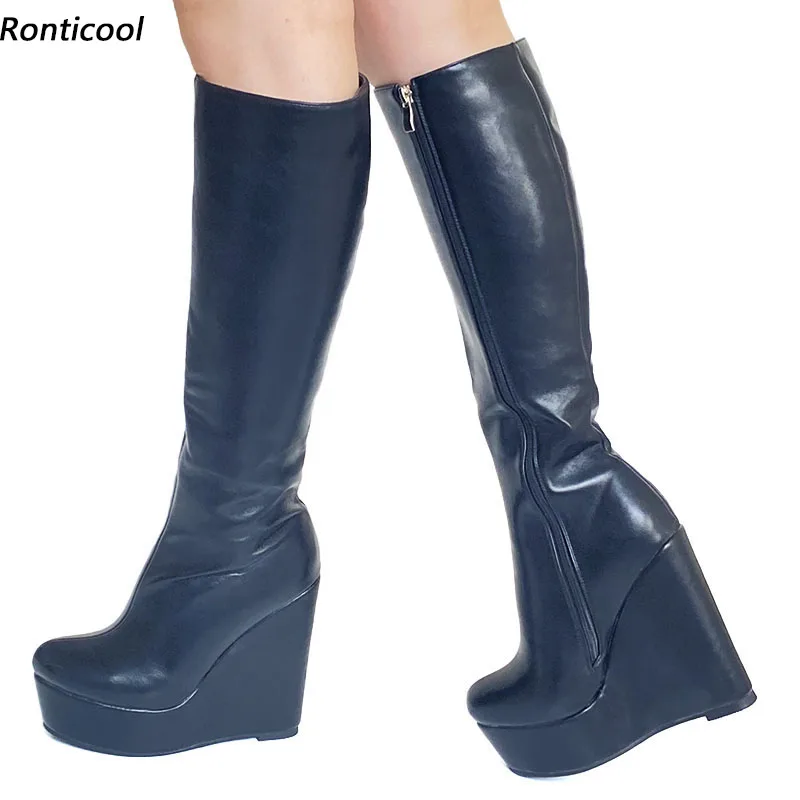 Ronticool Individual Customized Women Winter Knee Boots Wedges High Heels Round Toe Elegant Black Casual Shoes Plus US Size 5-20