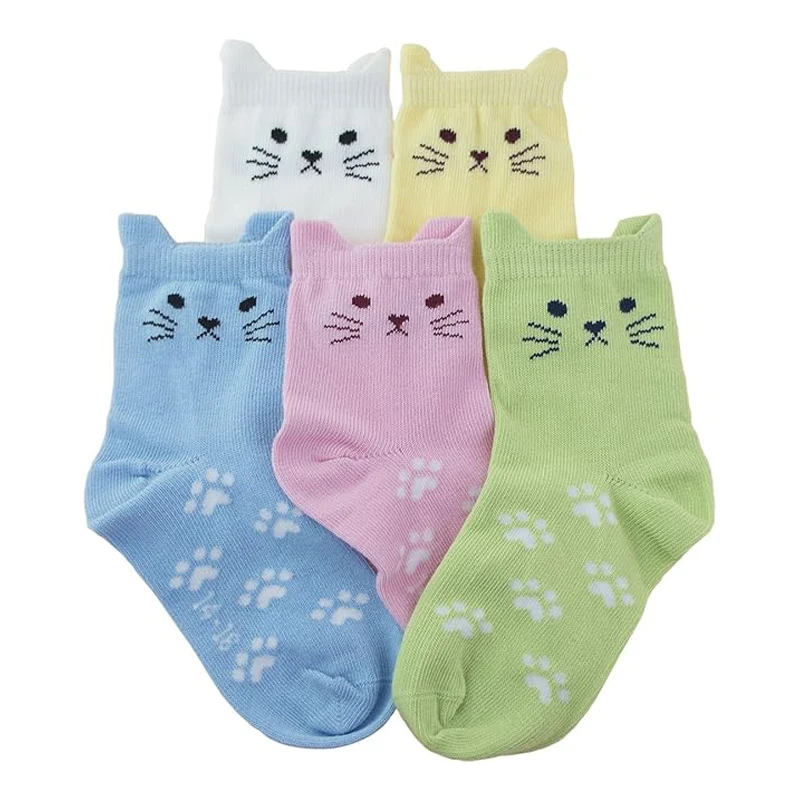 5 pares de calcetines con estampado de gato de dibujos animados para niñas, calcetines suaves y cómodos de algodón para todas las estaciones, calcetines de uso diario
