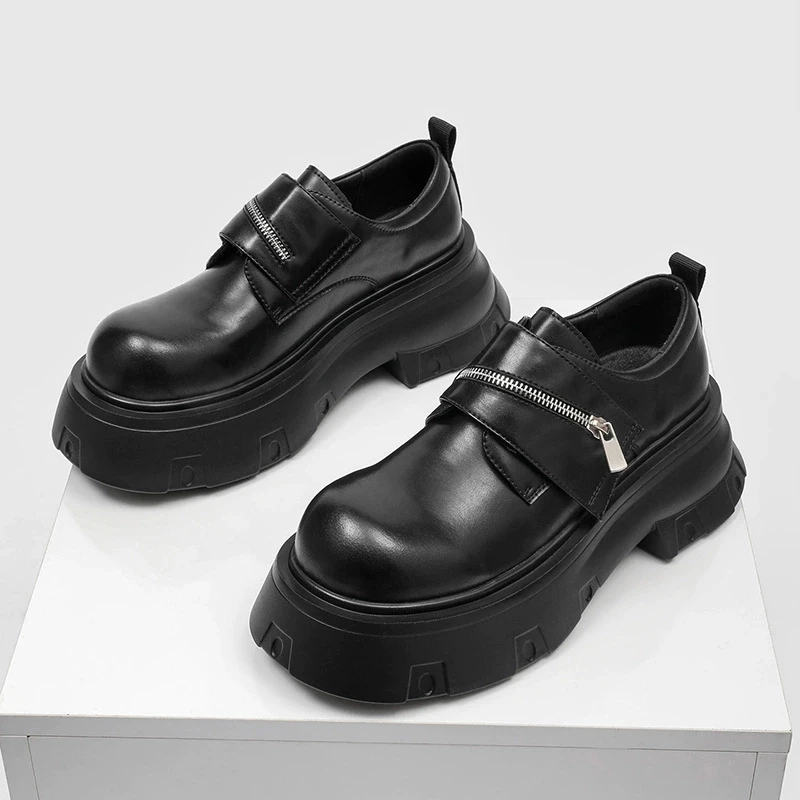 Platform Leather Men's Black Casual Trend Versatile British Heightening Big Head Sneakers Derby Shoes