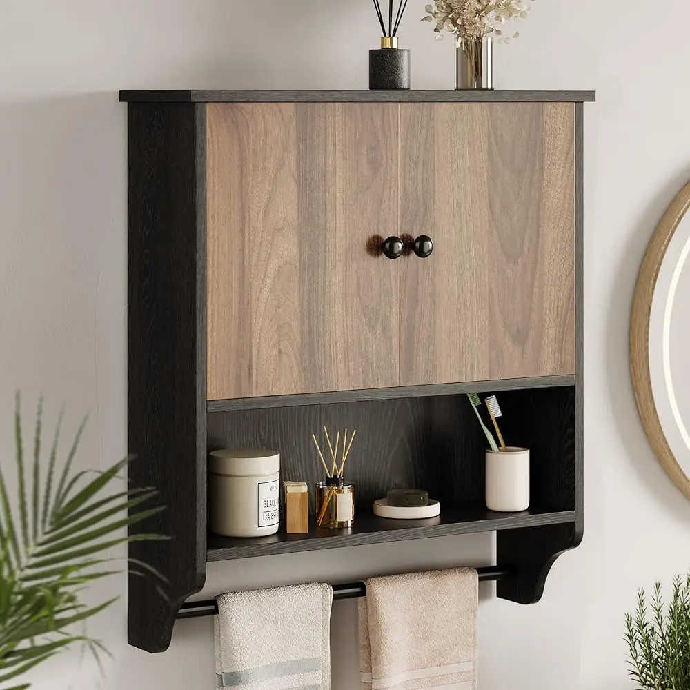 

Bathroom Wall Cabinets, Medicine Cabinet With Open Partition And Towel Bar For Bathroom, Living Room, Kitchen, Bla & Walnut