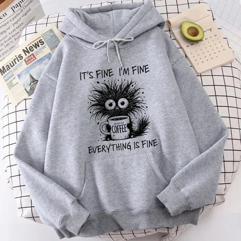 غريب الأطوار القط والقهوة المطبوعة الكنغر جيب هوديس المرأة ملابس غير رسمية مقنعين خمر القوطية Y2k بلوزات البلوفرات #5