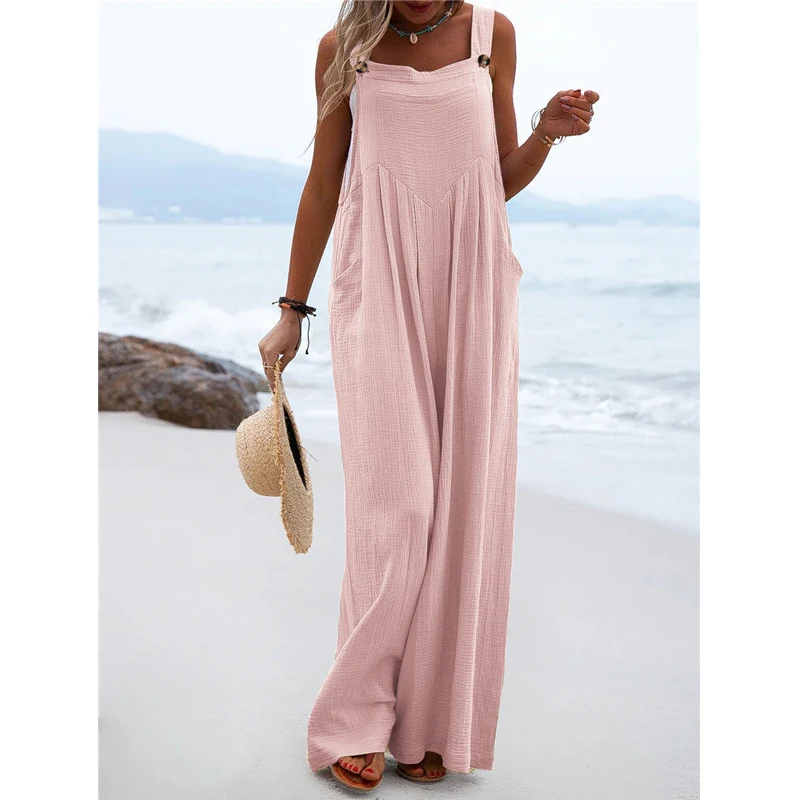 2023 Summer Vintage Holiday Beach Sleeveless Button Strap Wide Leg Overalls Jumpsuit Casual Solid Loose Pockets Rompers Outfits