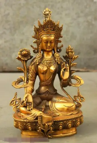 

8" Tibet Buddhism Bronze Gilt Lotus Green Tara Goddess Kwan-Yin Buddha decoration Statue