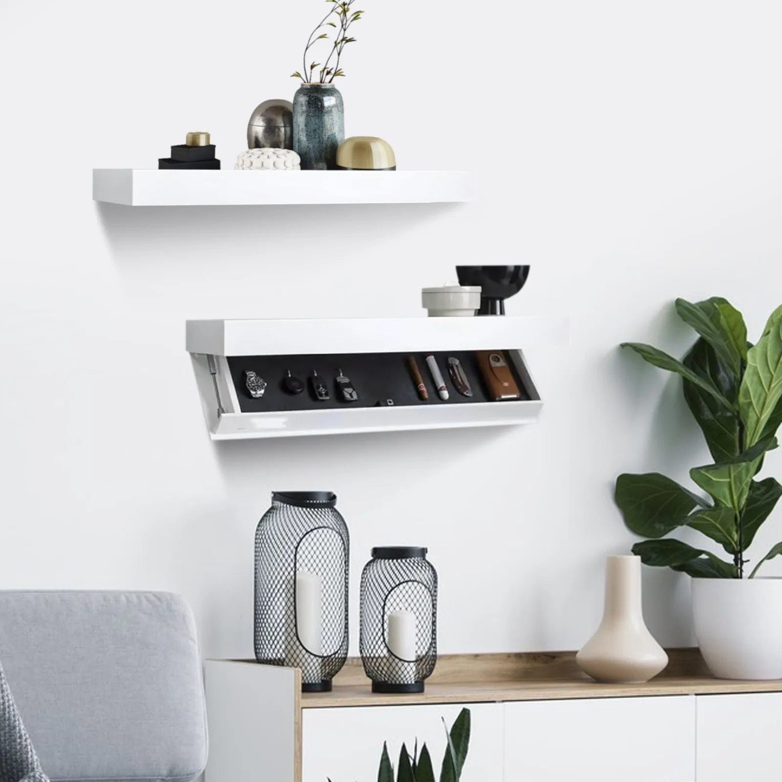 

Designer Shelf With Compartment,Concealed Floating Shelf,Wall-Mounted Storage Solution,Shelf,Modern Home Decor, For Living Room