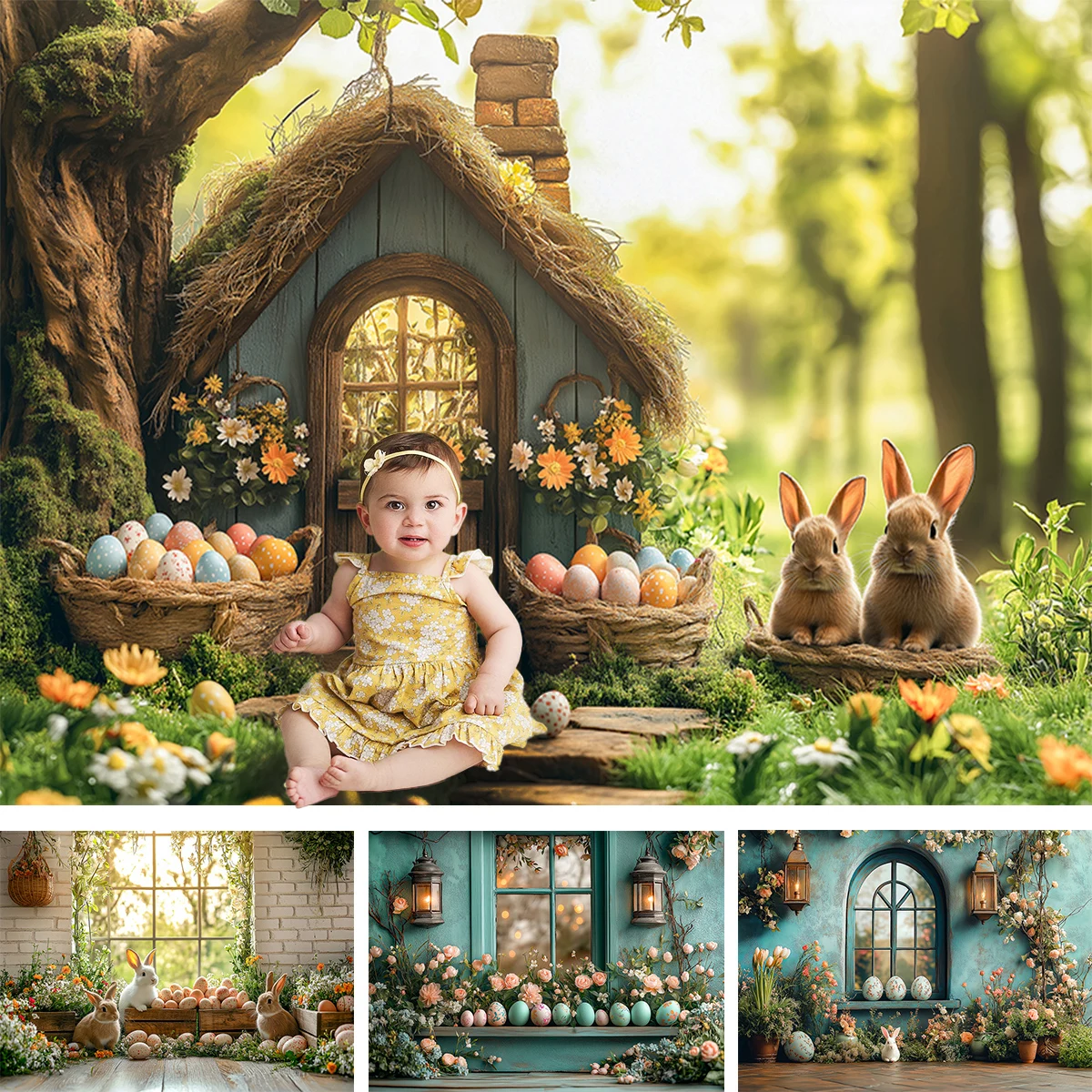 Easter Bunnies Backdrop Pastel Colored Wooden Cottage Photography Child Baby Cake Smash Spring Jungle Garden Carrots Backgrounds