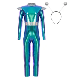 Kids Girls Alien Cosplay Costume Space Man Holographic Bodysuit Halloween Outer Space Fighter Carnival Fancy Roleplay Dress Up