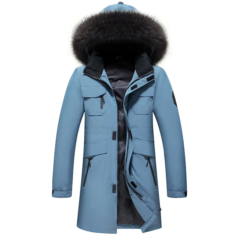 2025 رجل سترات أسفل معطف الشتاء منتصف طول طويلة الأكمام الذكور سترة رشاقته الدافئة الوقوف طوق جيب مقنعين الرجال ملابس خارجية