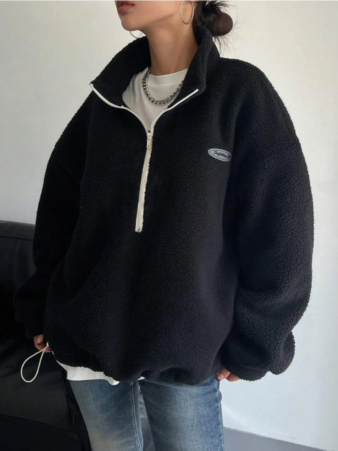 Autumn Winter Women Fleece Pullover High Neck 1/4 Zip Sweatshirts Retro Badge Green Loose Warm Teddy Outwear Harajuku Clothing