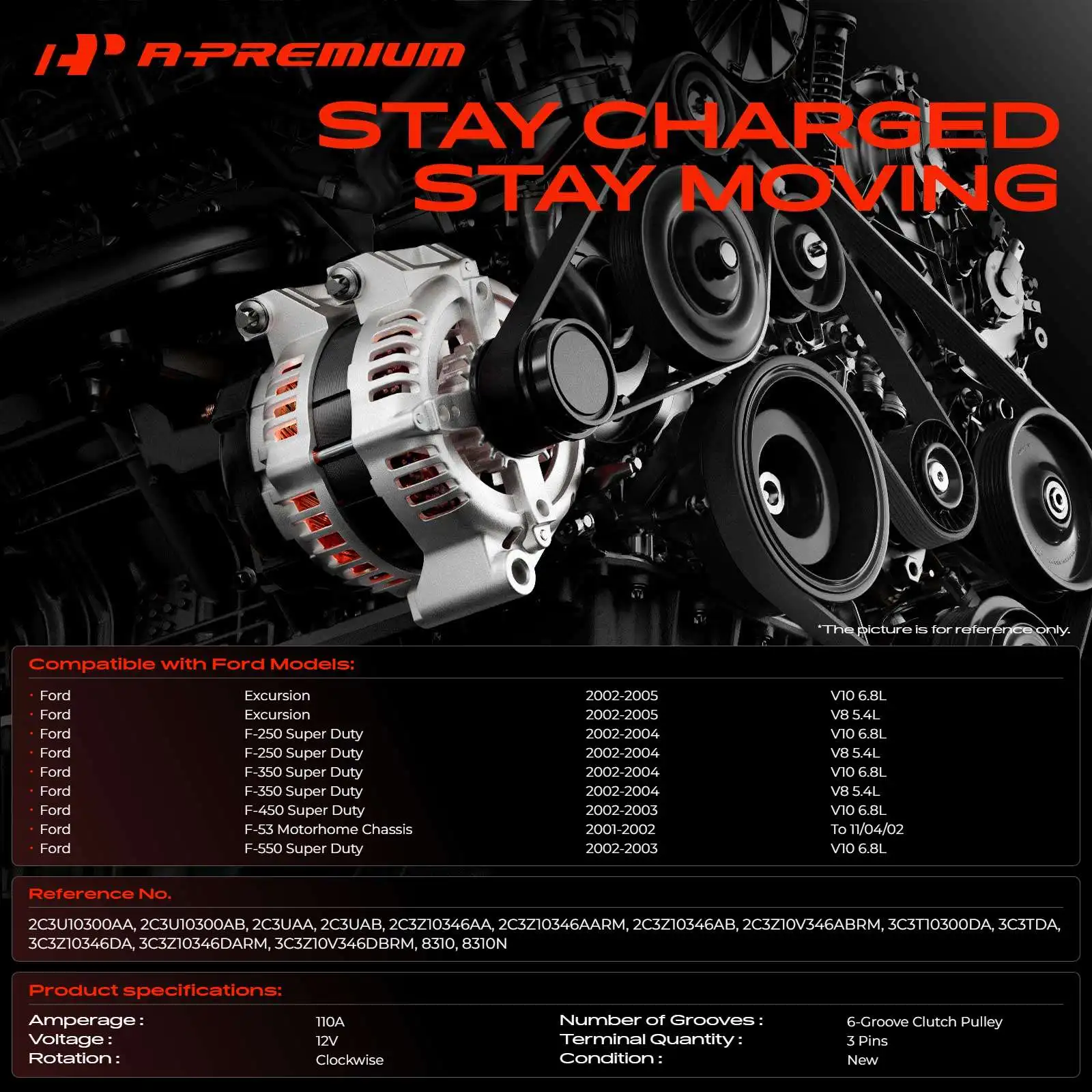 A-Premium Alternator for Ford F-250 Super Duty F-350 Super Duty 02-04 F-450 Super Duty F-550 Super Duty 02-03 Excursion 02-05