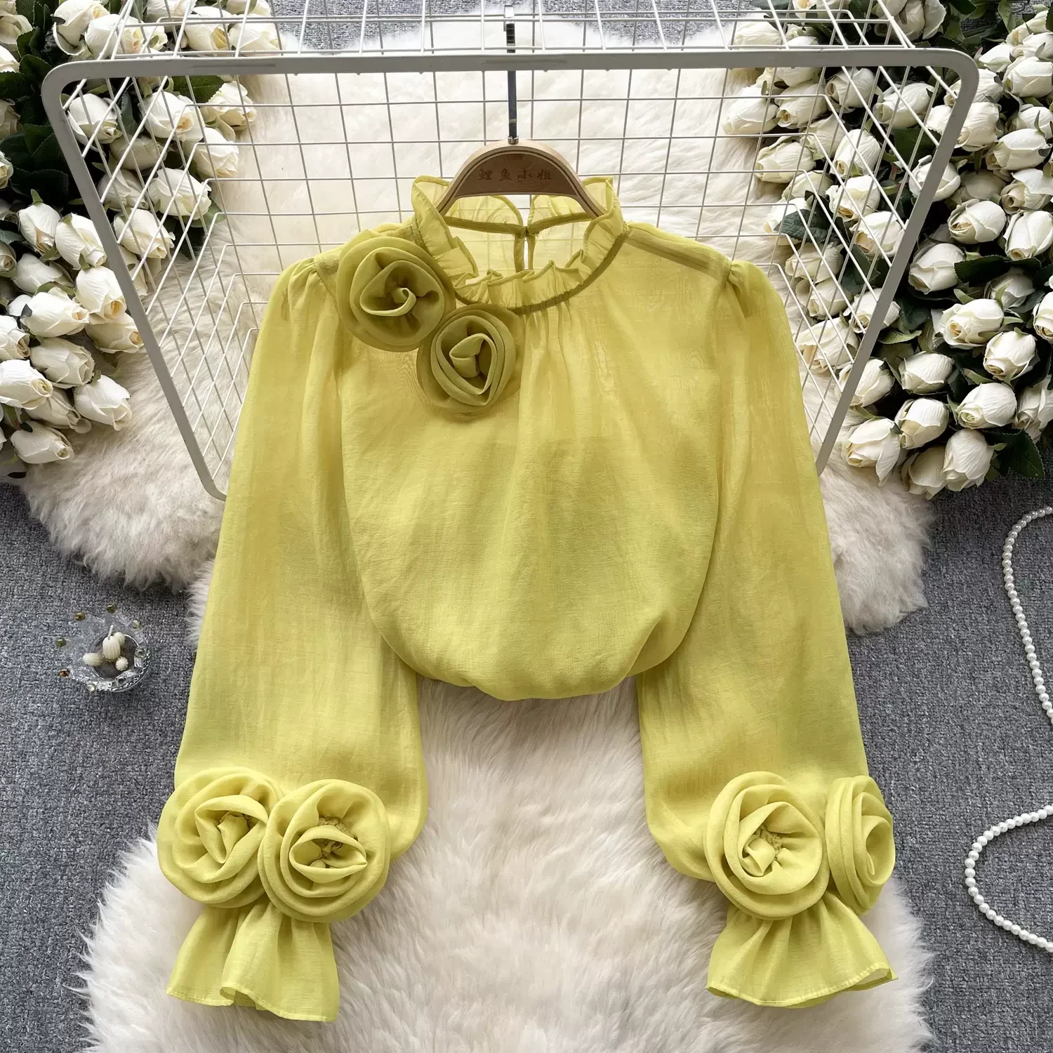 3D Flower Chiffon Blouse Ruffles Collar Long Sleeves Sheer With Lining Ladies France Vintage Senior Elegant OL Tops