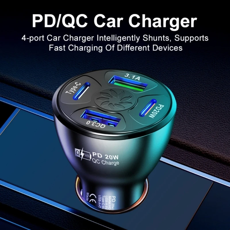 2025 جديد 38 واط سيارة مهايئ شاحن 4 ميناء USB شاحن سيارة PD20W QC3.0 3.1A USB C شاحن سريع سيارة محول الشحن للهاتف