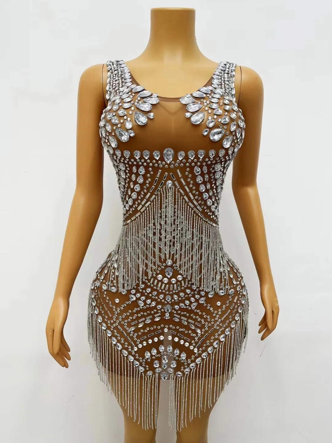 

Bling Silver Crystals Chains Dress Sexy SeeThrough Mesh Costume Stage Wear WomenSinger Show Rhinestones Outfit songhua C093