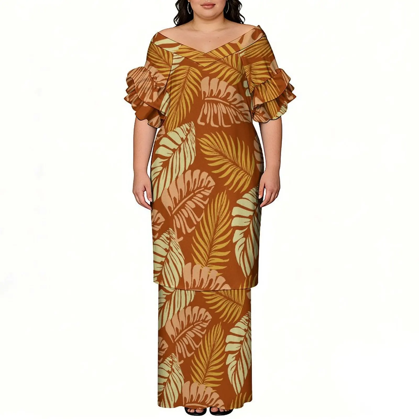 Fashion Design Custom Pattern Printed V-Neck Petal Sleeve Puletasi Style Women'S Suit Skirt - Polynesian Summer Art Dress view 4