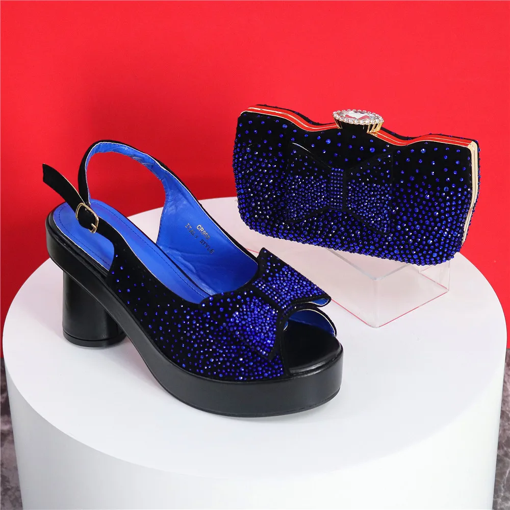 Elegante Schwarze Damen-Sandalen mit Blockabsatz, Plateau, Peeptoe und Strass-Verzierung & Clutch-Tasche Set für Hochzeit, Party und Abendveranstaltungen – Detail 28