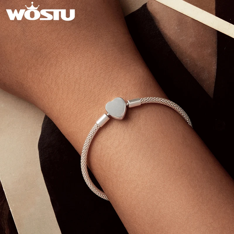 WOSTU 925 Sterling Silver Heart Basic Bracelet Oxidized Silver For Women Birthday Party Daily Gift Fine Jewlery
