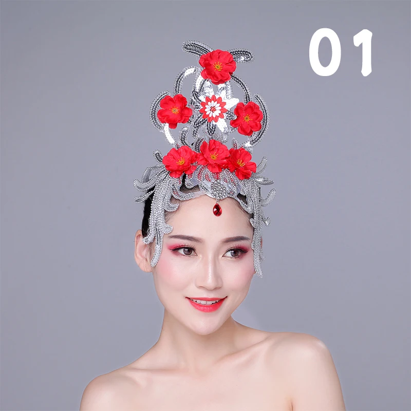 Dance Elegant Veil Brim Hats Headdress Show Stage Performance Costume Hair Accessories Women Yangko Folk Dance Hair Flowers