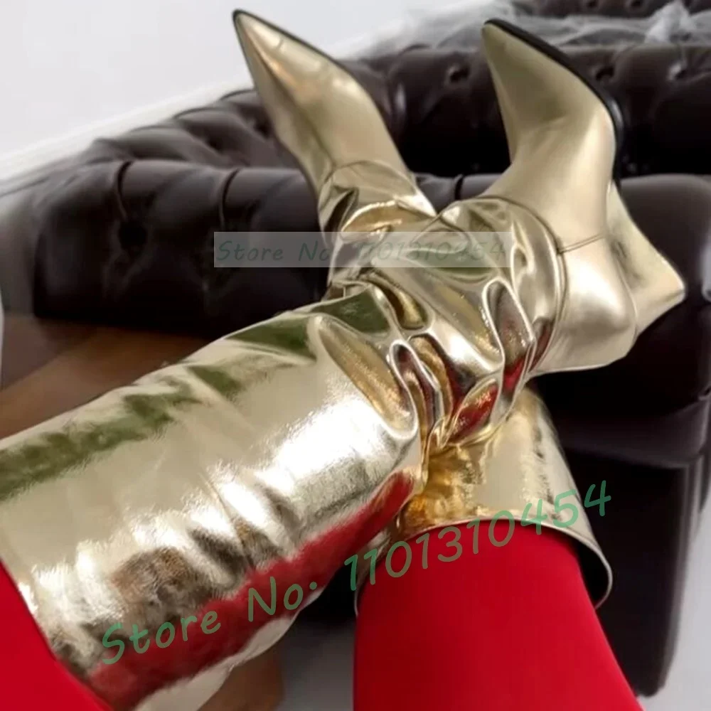 Metallic Wedges Long Boots Women Glossy Pointy Toe Gold White High Top Boots Ladies High Heels Winter Streetwear Dress Shoes image 6
