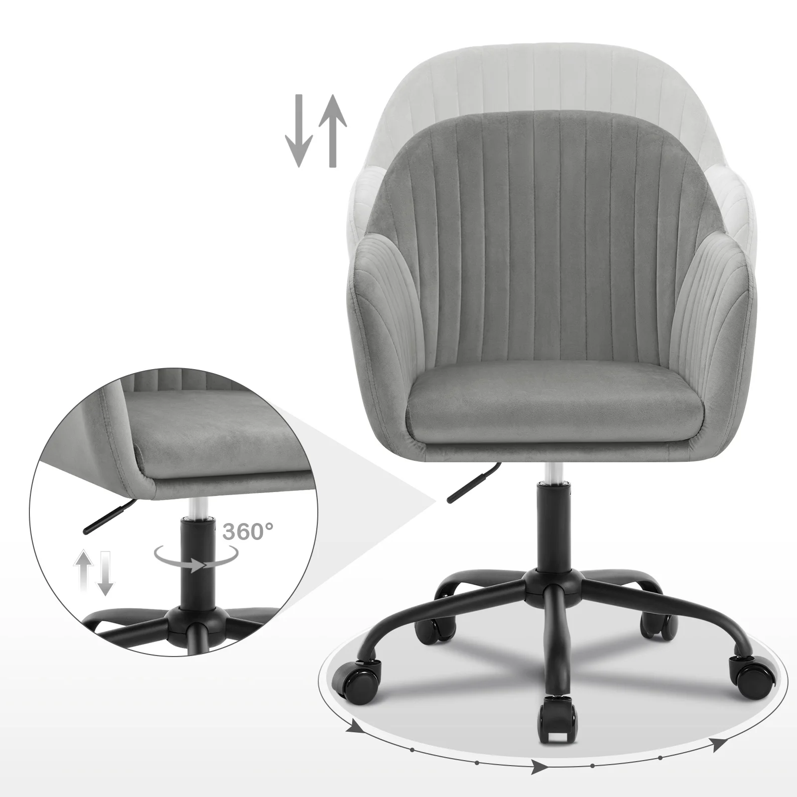 WOLTU Samt-Bürostuhl mit Armlehnen, Rollen, anhebbar, Gaming-Stühle mit hoher Rückenlehne, höhenverstellbar, ergonomischer Arbeits- und Make-up-Stuhl – Detail 19