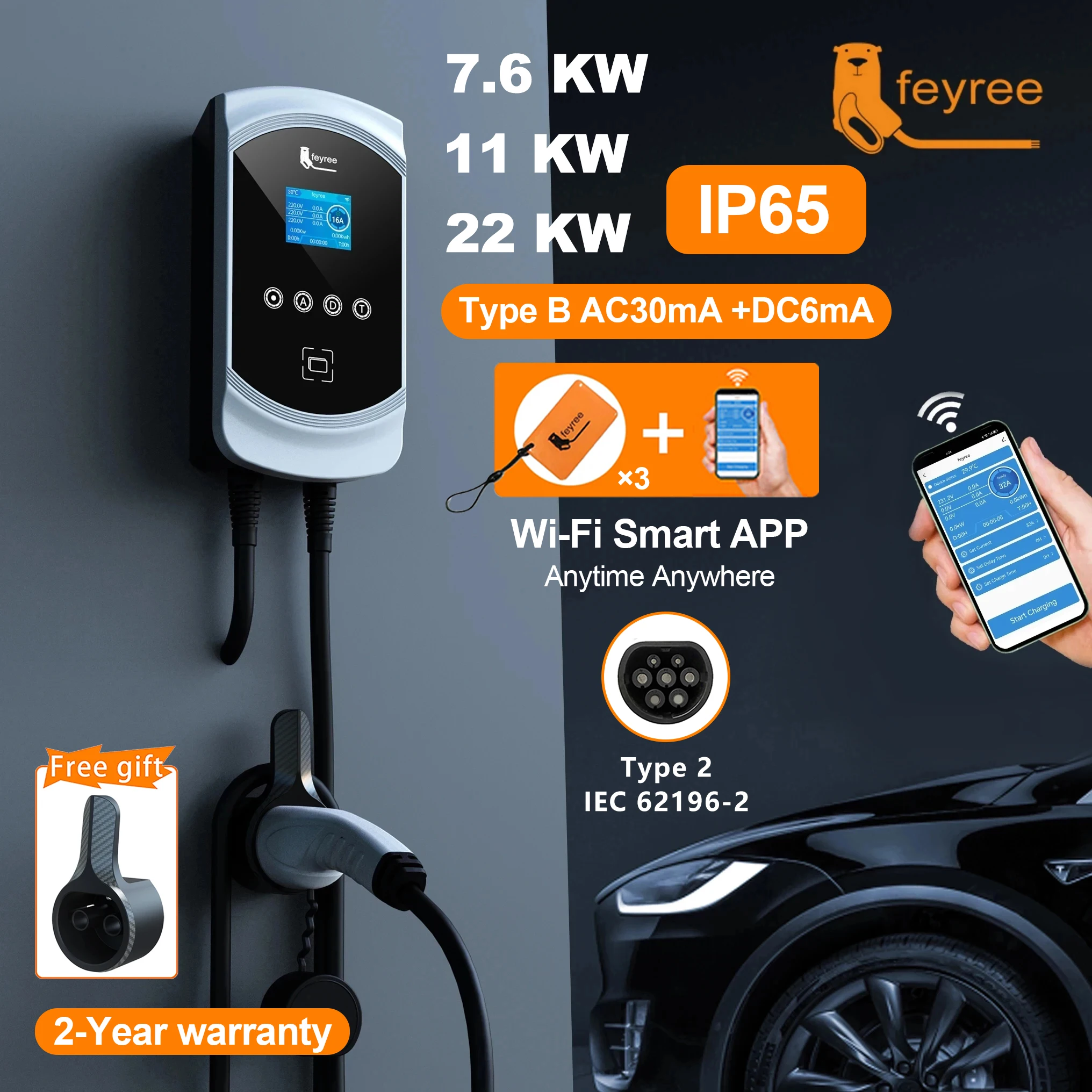 feyree EV Charger 32A 22KW 3Phase 11KW 16A Electric Car Charger EVSE Wallbox 7.6KW 32A Type2 Cable IEC62196-2 Socket APP Control