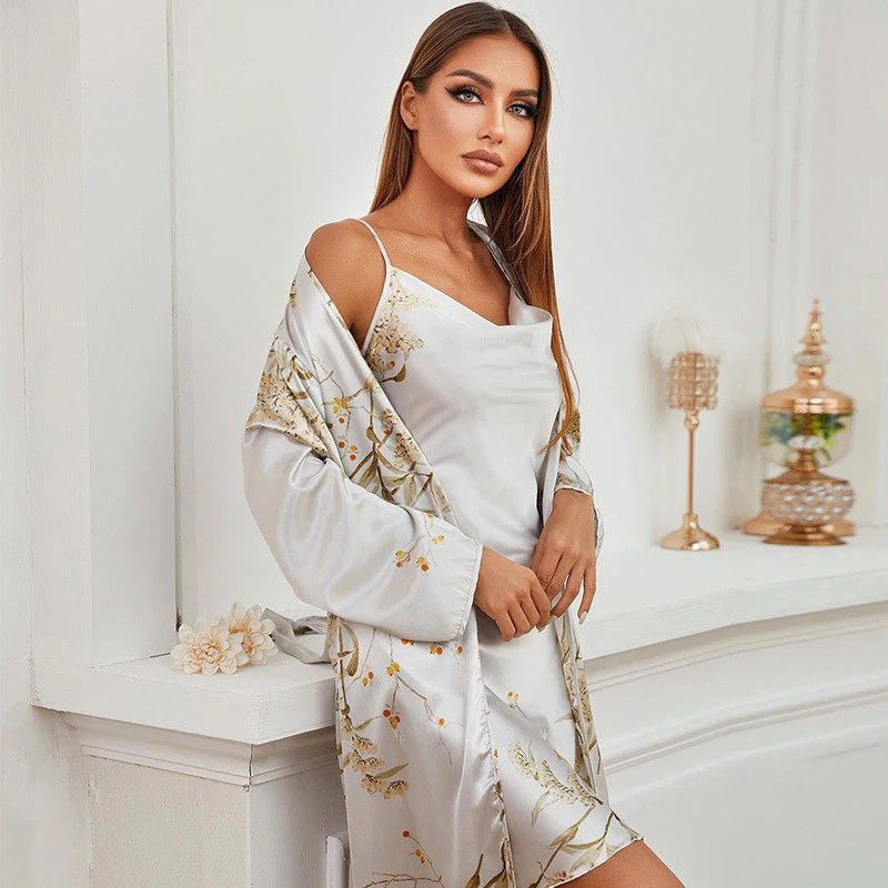 

Women's Four Seasons Pajamas Silk-Like Satin Luxury Home Wear Medium Length Lace Up 2PC Set Of Night-Robe Nightgown Leisure Suit