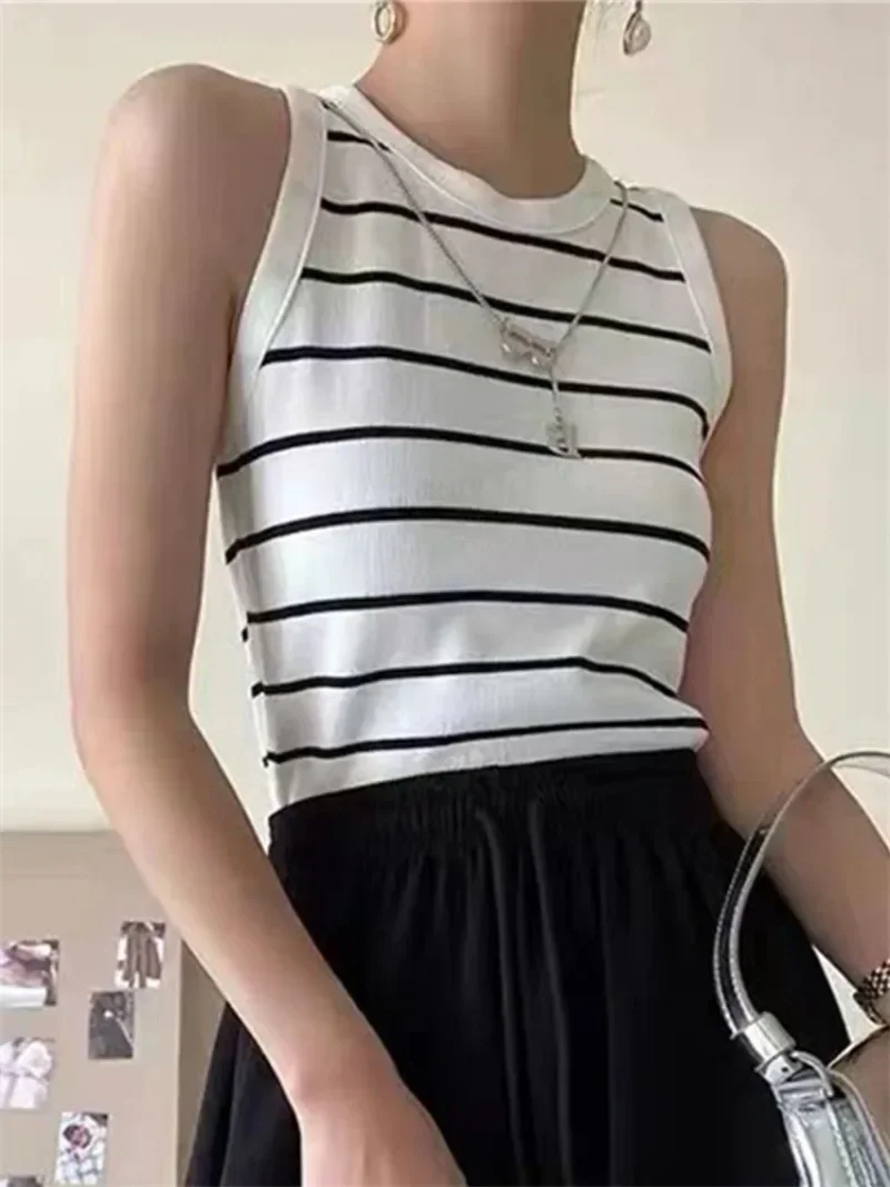 Fashion Spring Summer Corset Top Striped Knitted Sleeveless Top High Waist Short Vest T-shirt Tops Tank Top Tops for Women