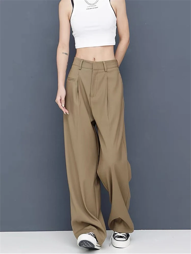 2024 Fashion Vintage Women Wide Leg Khaki Straight Solid Long Trousers Baggy Suit Pants Office Lady Daily Design Cozy All-Match