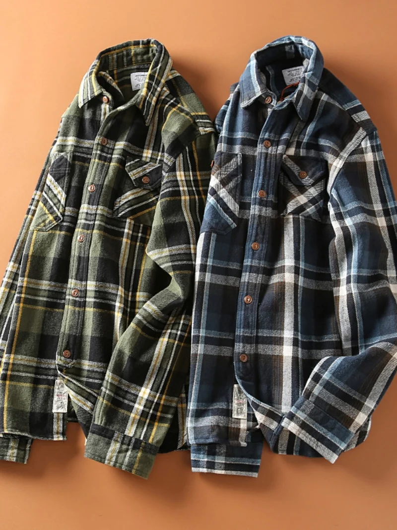

Thiened Long Sve irt Men's Retro American Woven Plaid Faion Casual Coat Spring New Sle Youth ular Stand Fit