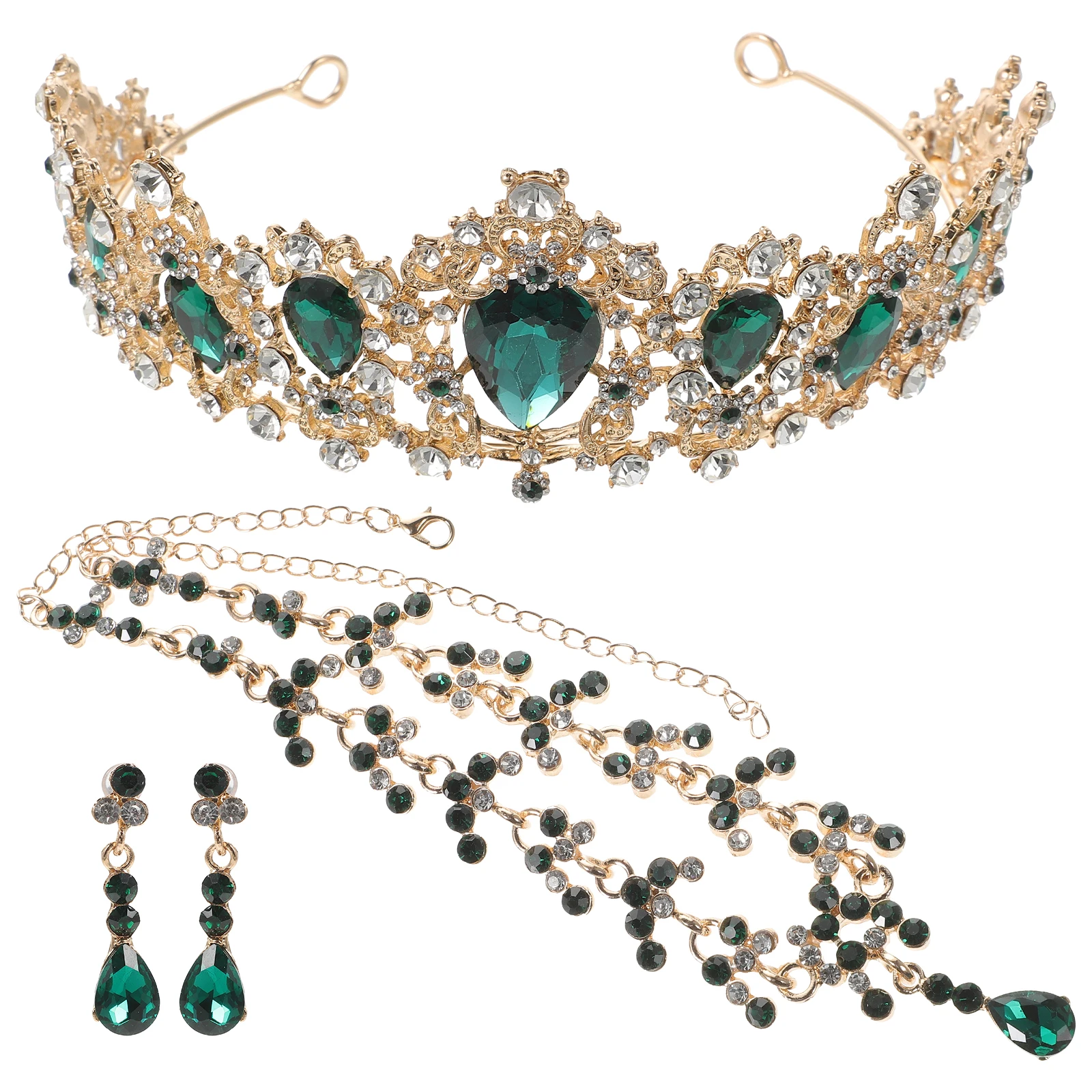 

The Crown Bridal Necklace Earring Set Bride Necklaces Wedding Jewelry for Women Crystal Accessories Green Classy Miss